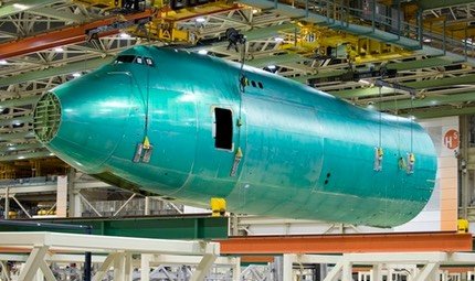 Boeing 747-8 fuselage and wing during final assembly at the Everett factory