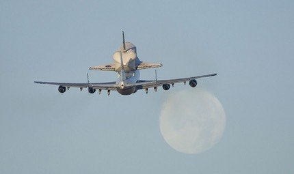 Space Shuttle Atlantis mounted on top of a NASA Boeing 747 Shuttle Carrier Aircraft